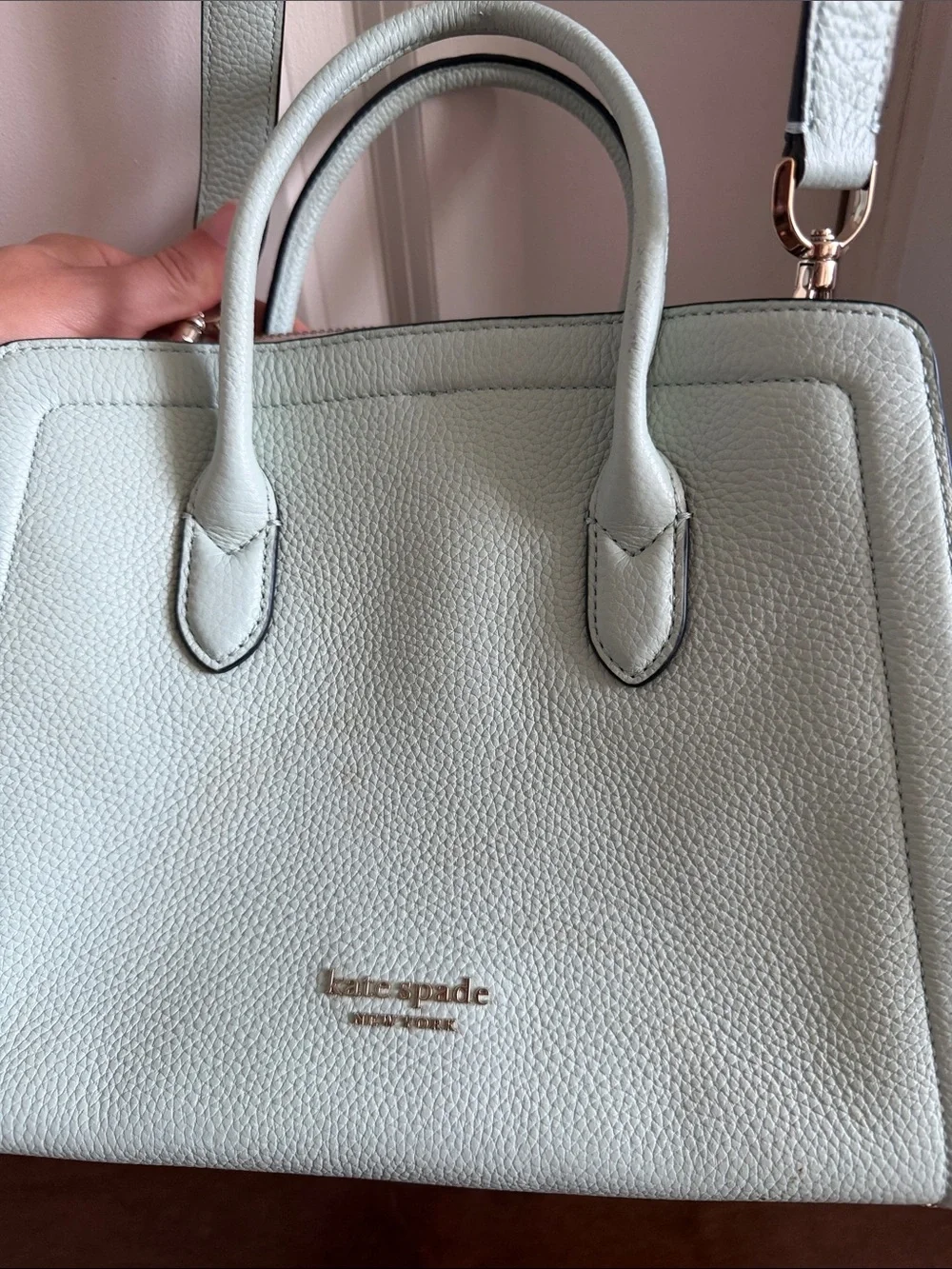 kate spade mint green pebbled leather satchel with gold hardware